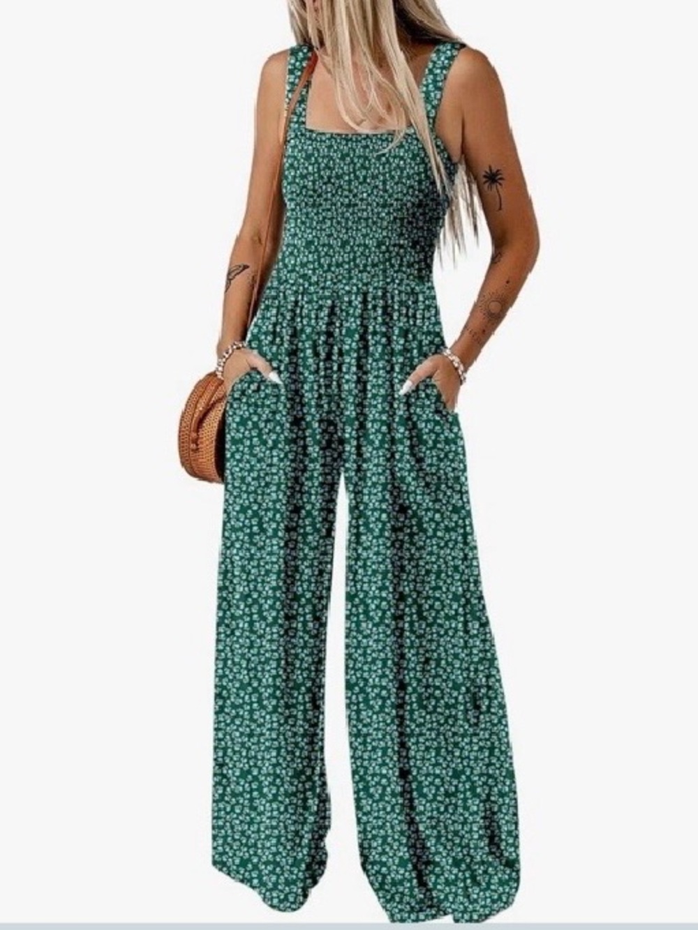 Women’s Green Floral Smocked Jumpsuit
